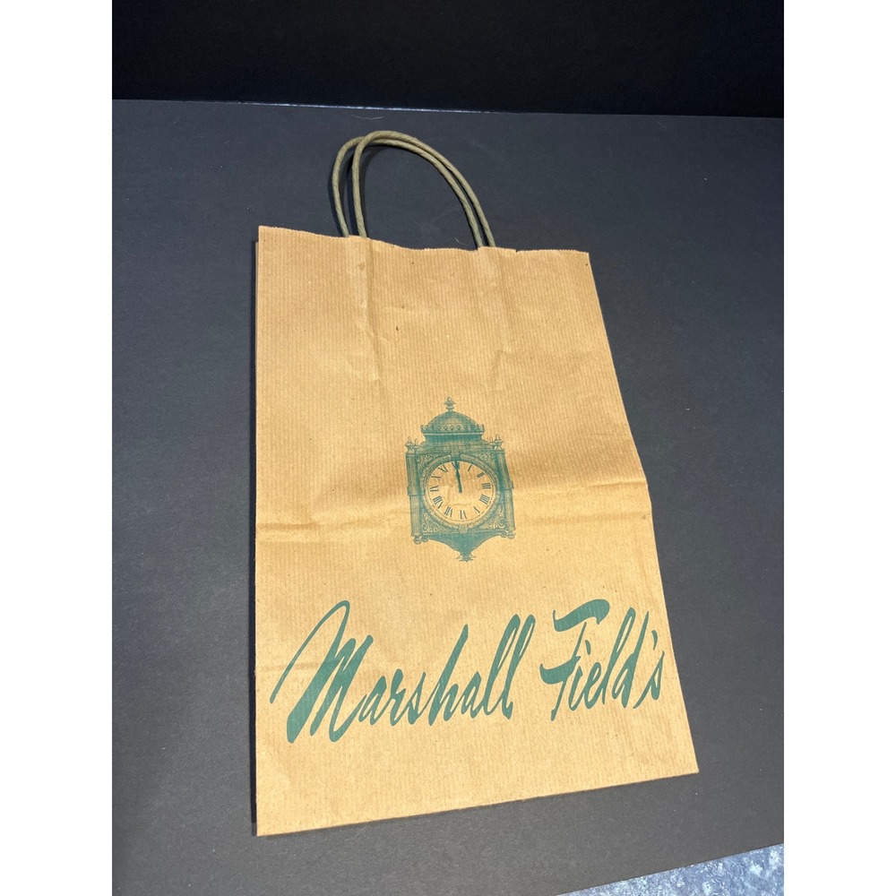 Vintage Marshall Fields Paper Shopping Bag Great Clock Logo Chicago Retail Green